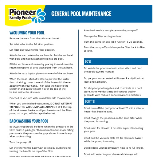 Resources - Brochures, Manuals, How-Tos - Pioneer Family Pools